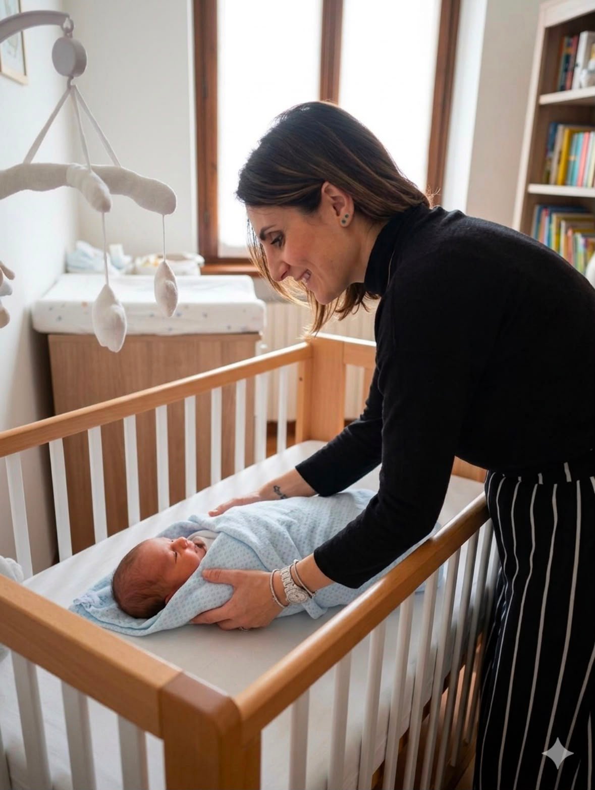Margherita Rollino, consulente del sonno infantile, accanto al lettino del neonato